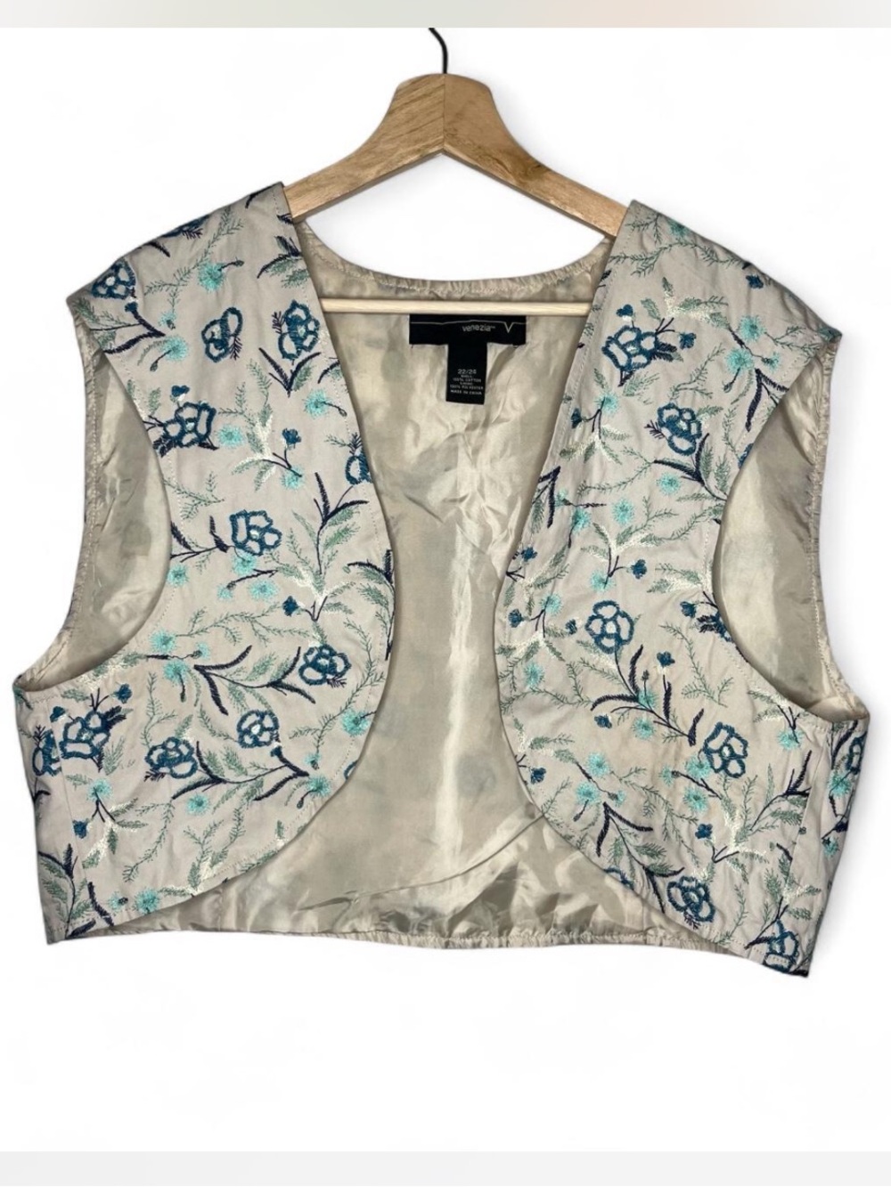 Vintage Venezia Blue Floral Embroidered Open Front Cropped Vest Cottagecore